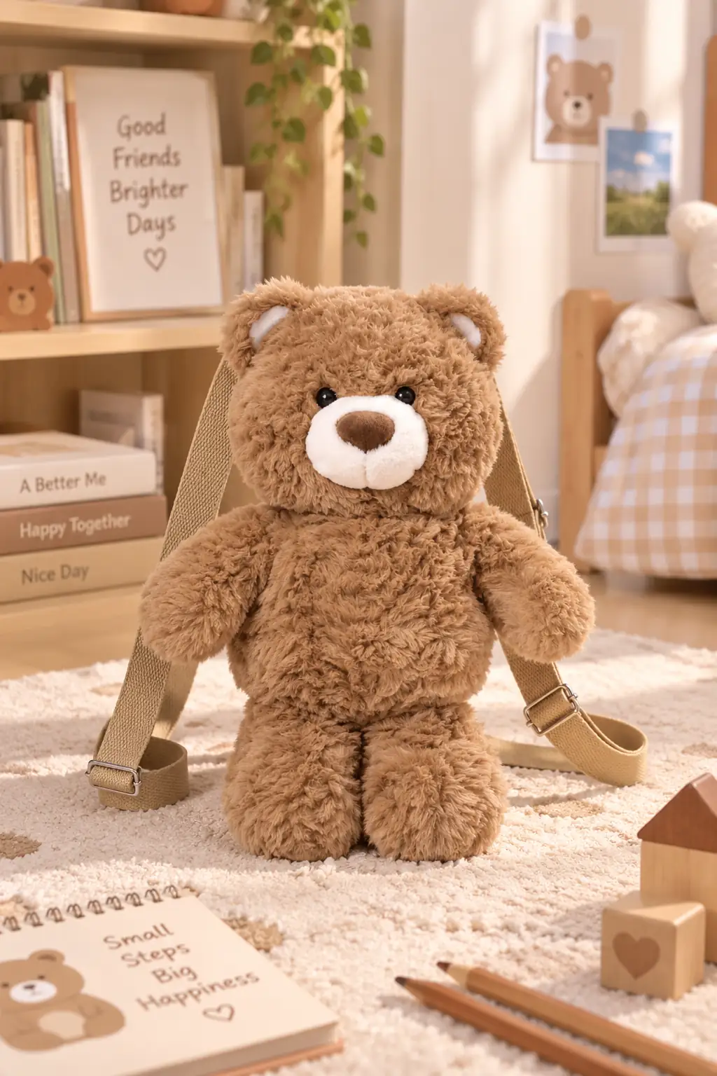 Miniso Lisanslı Hediye Ayı Peluş Sırt Çantası Kahverengi Ayarlanabilir Askılı Çocuk Çantası