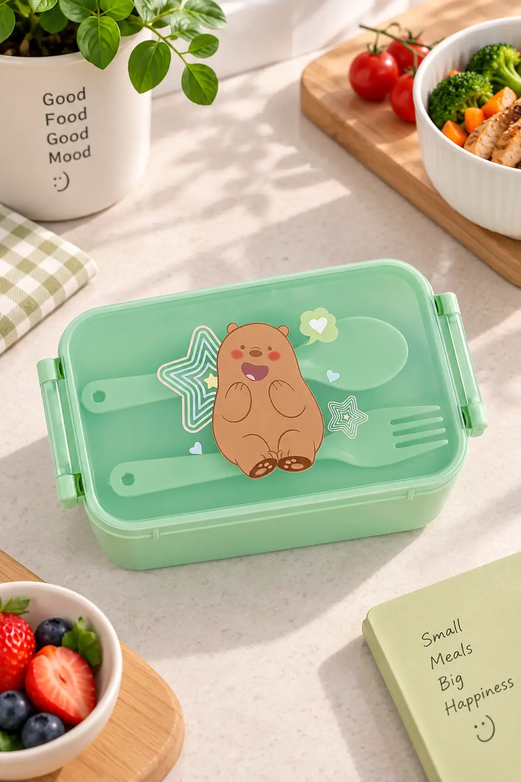 We Bare Bears Lisanslı Boz Ayı Çatal Kaşıklı Yemek Kabı – 470 Ml Sızdırmaz Beslenme Kutusu