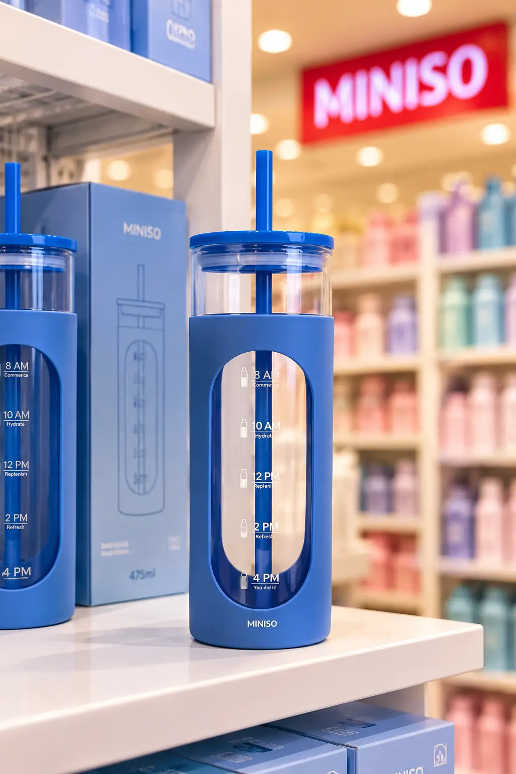 Miniso Lisanslı Silikon Kılıflı Pipetli Borosilikat Cam Şişe - Mavi (475 ml)