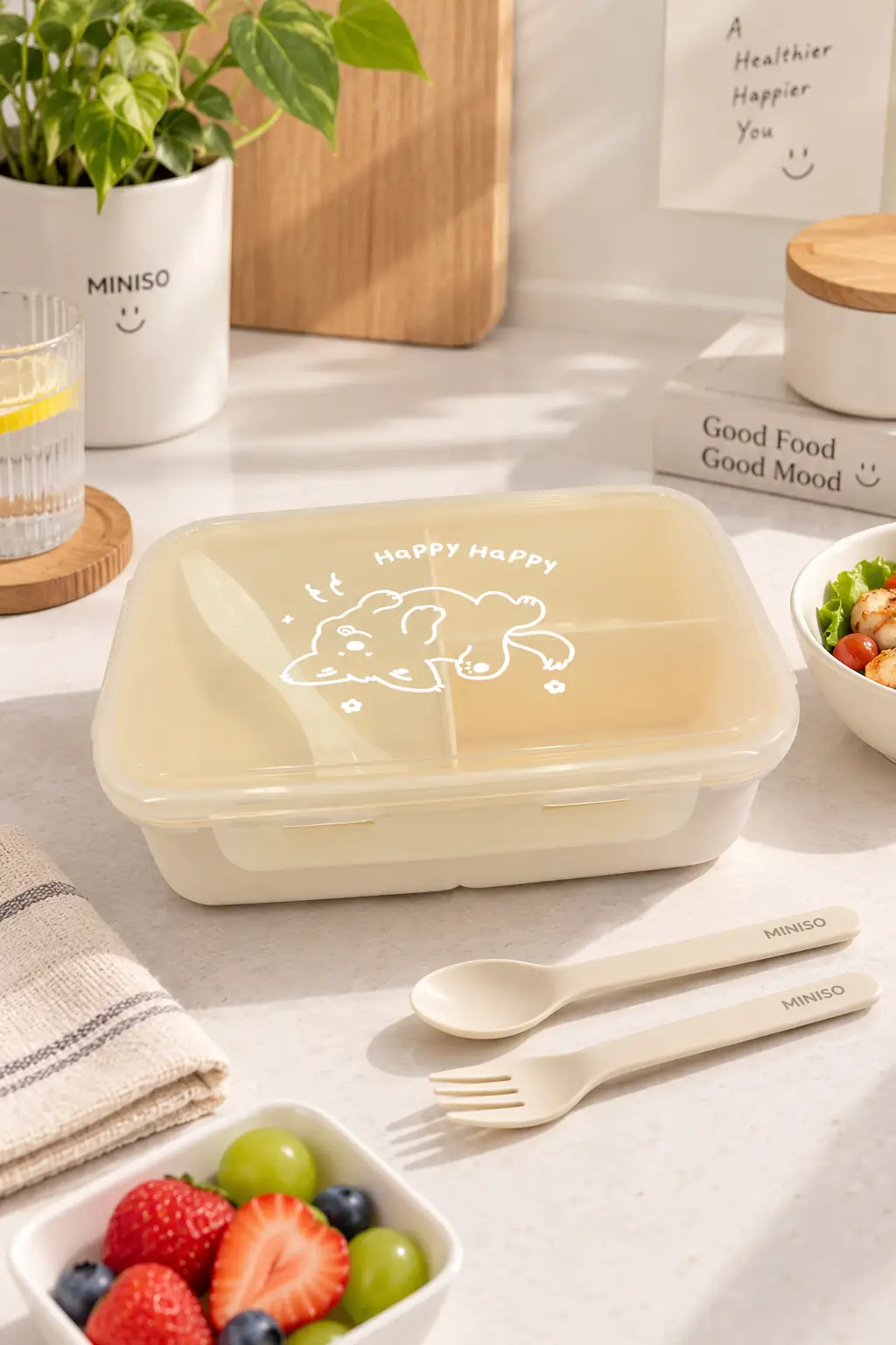 Miniso Lisanslı Hayvan Serisi Beslenme Çantası Bej 1100 Ml – Çatal Bıçaklı
