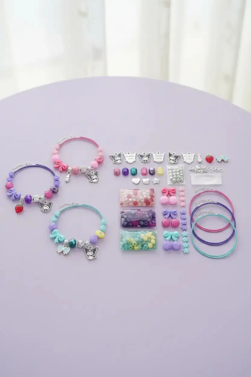 Sanrio Lisanslı Kuromi Parlak Boncuklu Bileklik Yapma Seti – 26,5 Cm
