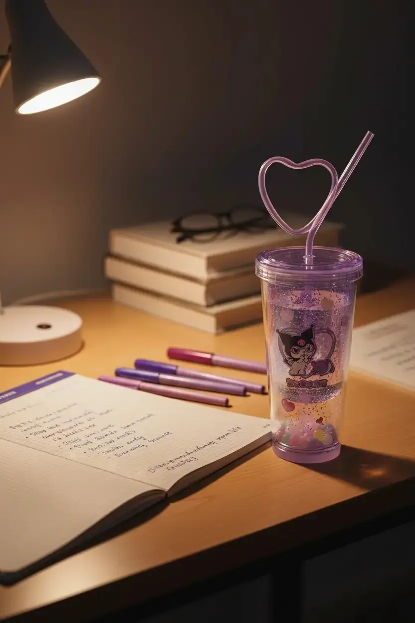 Sanrio Lisanslı Kuromi Tatlı Fabrikası Serisi Kalp Pipetli Çift Duvarlı Plastik Şişe 440 ml