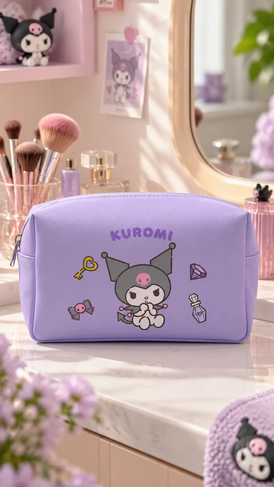 Kuromi Lisanslı Büyük Kapasiteli Kozmetik Çantası 20 x 10 x 12 cm – Mor