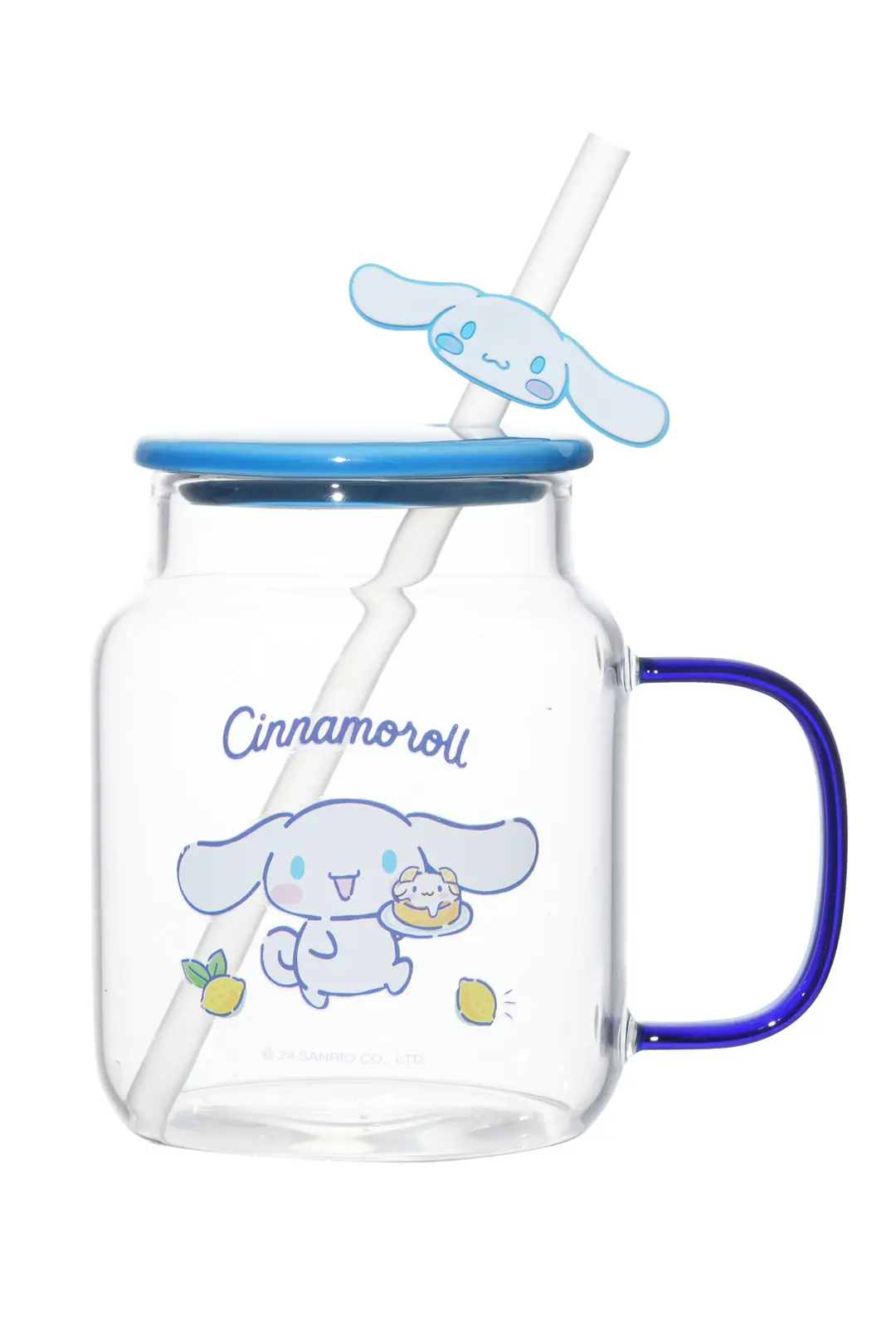 Sanrio Lisanslı Cinnamoroll Kapaklı ve Pipetli Cam Bardak – Figürlü Borosilikat Cam Kupa 450 Ml