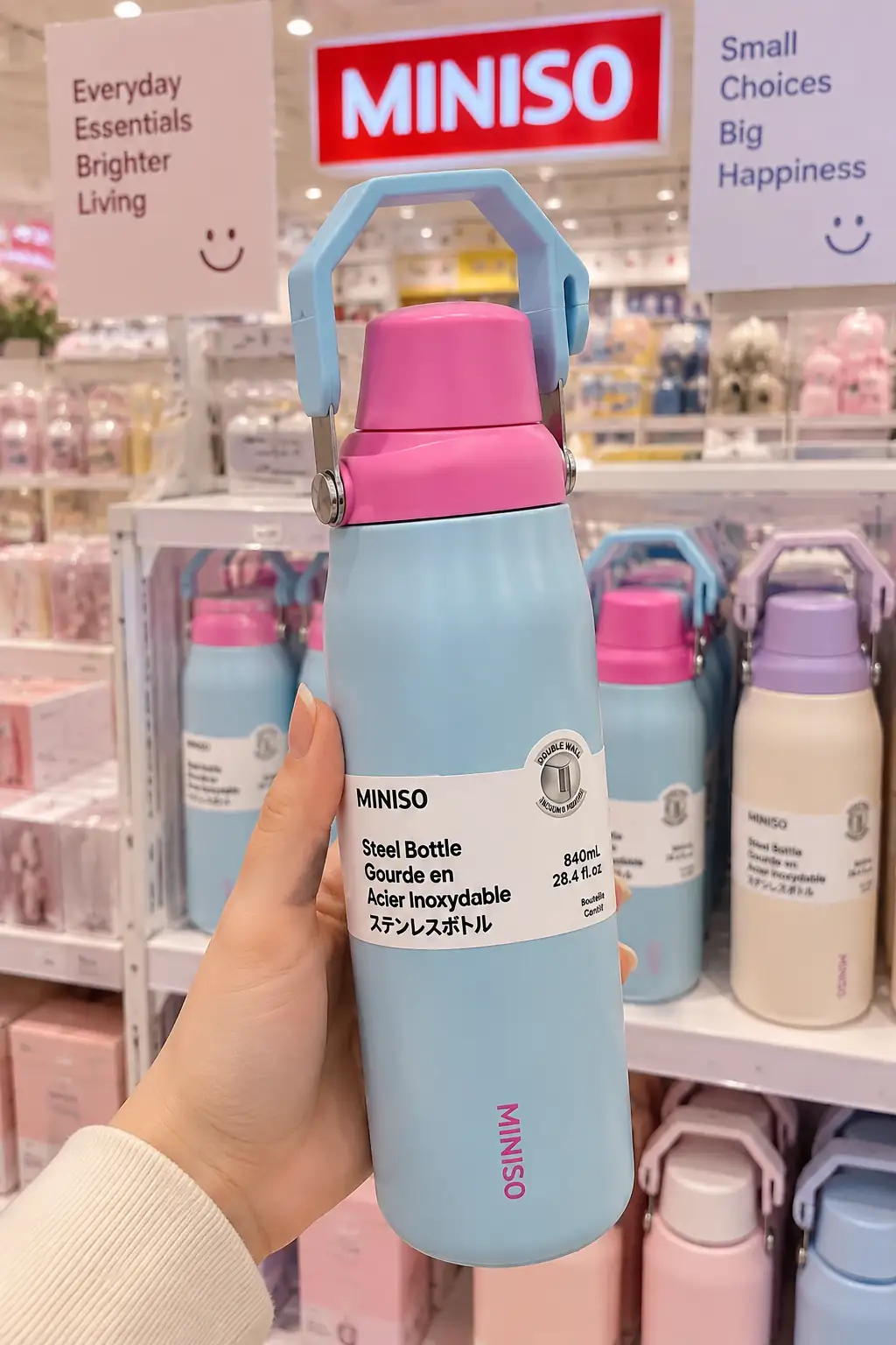 Miniso Lisanslı Saplı Paslanmaz Çelik Şişe 840 mL – Çift Katmanlı Açık Mavi