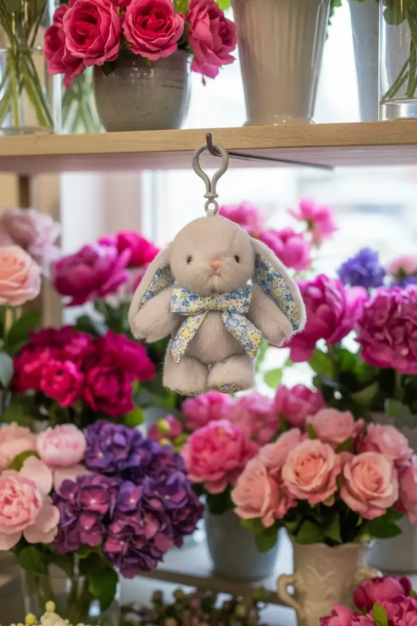 Miniso Lisanslı Fiyonklu Tavşan 6 İnç Peluş Askı Süsü Gri – Çiçek Desenli Model
