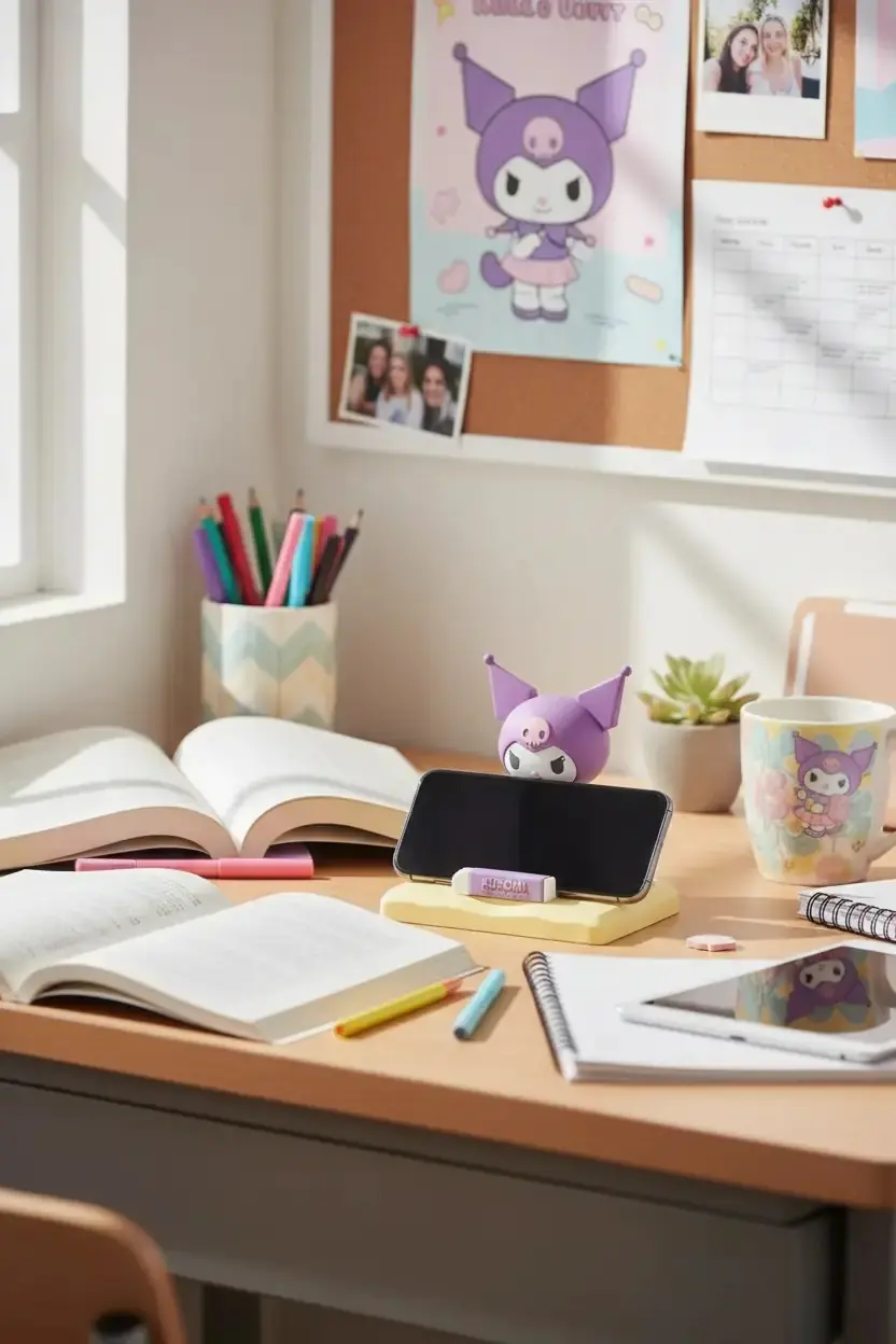 Sanrio Lisanslı Kuromi Masa Üstü Telefon Tutucu – Okul Serisi Sevimli Stand