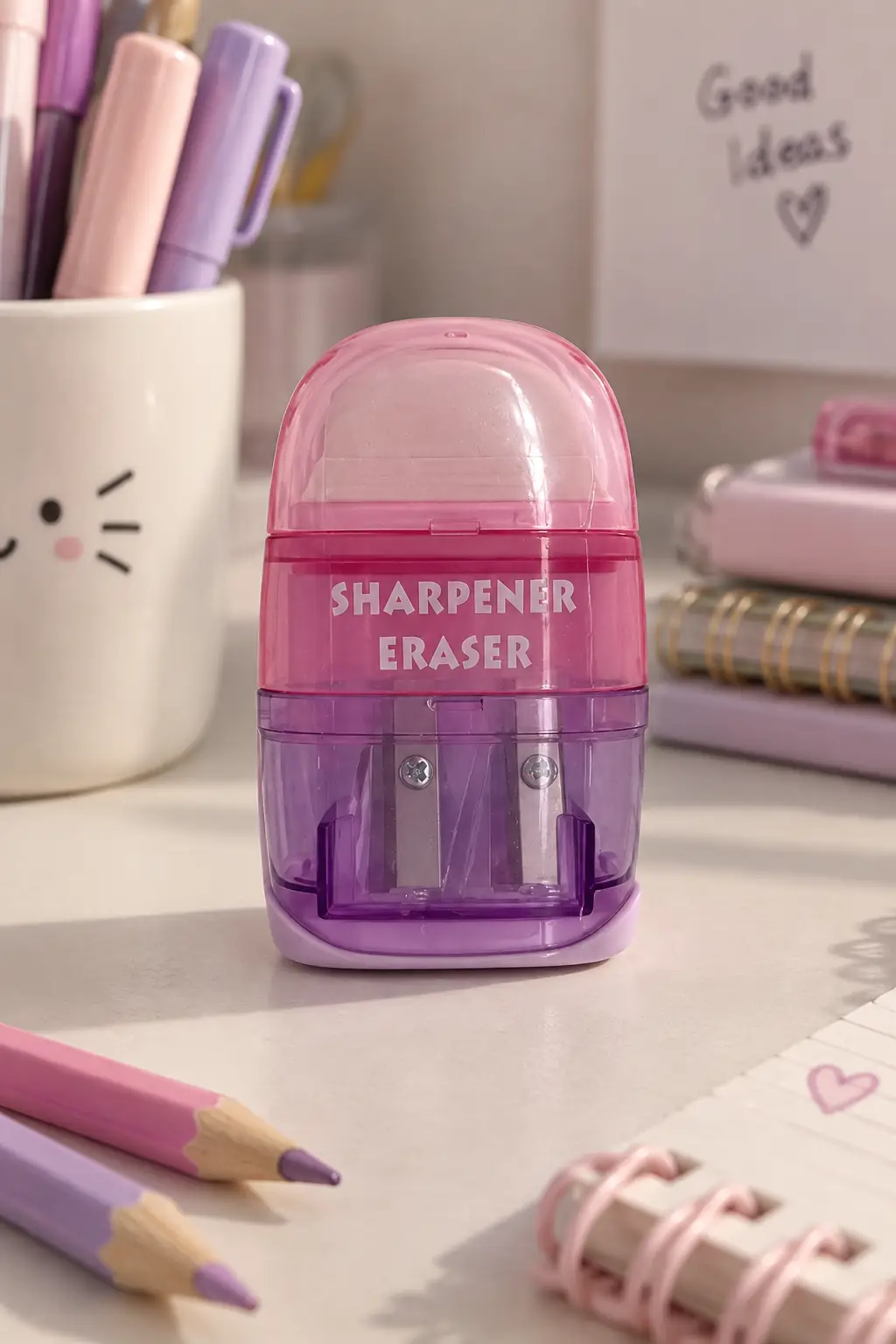 Miniso Lisanslı Basic Serisi Silgili Çift Delikli Şeffaf Kalemtıraş – Morumsu Kırmızı