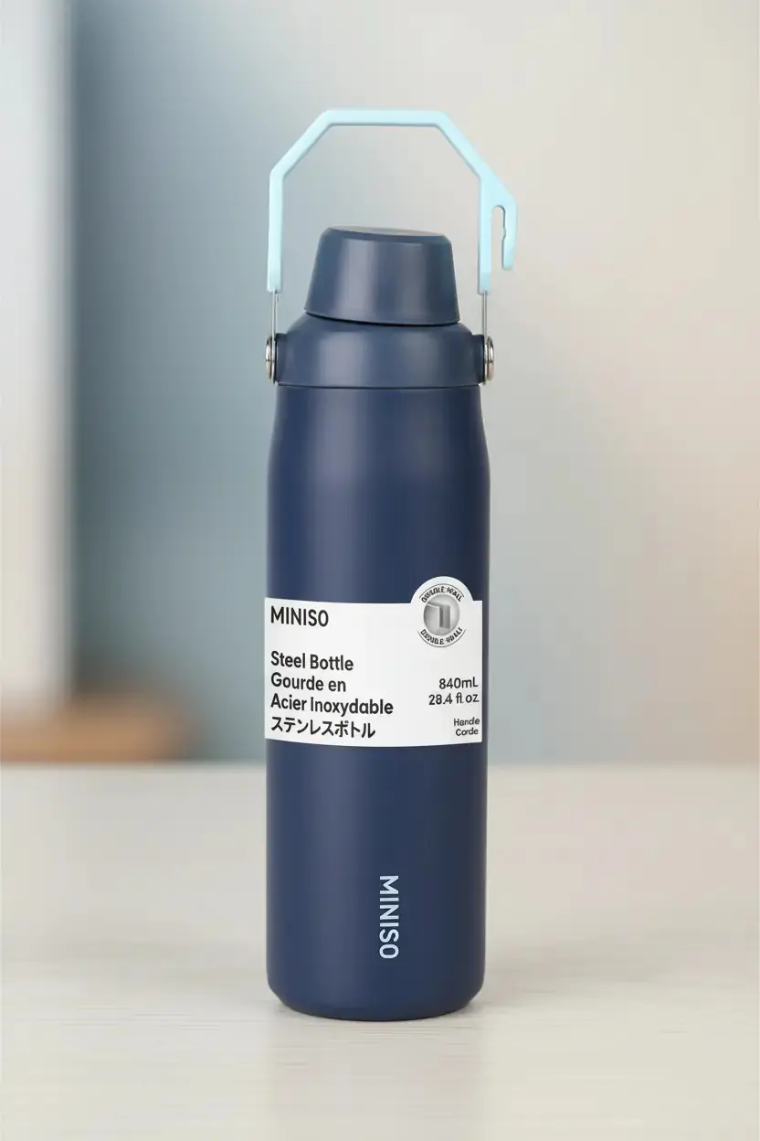 Miniso Lisanslı Saplı Paslanmaz Çelik Şişe 840 mL – Çift Katmanlı Koyu Mavi