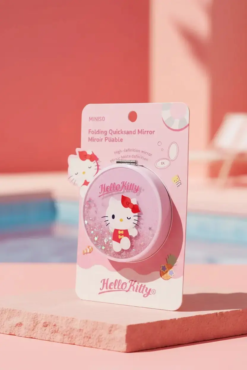 Sanrio Lisanslı Hello Kitty Katlanabilir Simli Sıvılı Ayna – 2X Büyütme