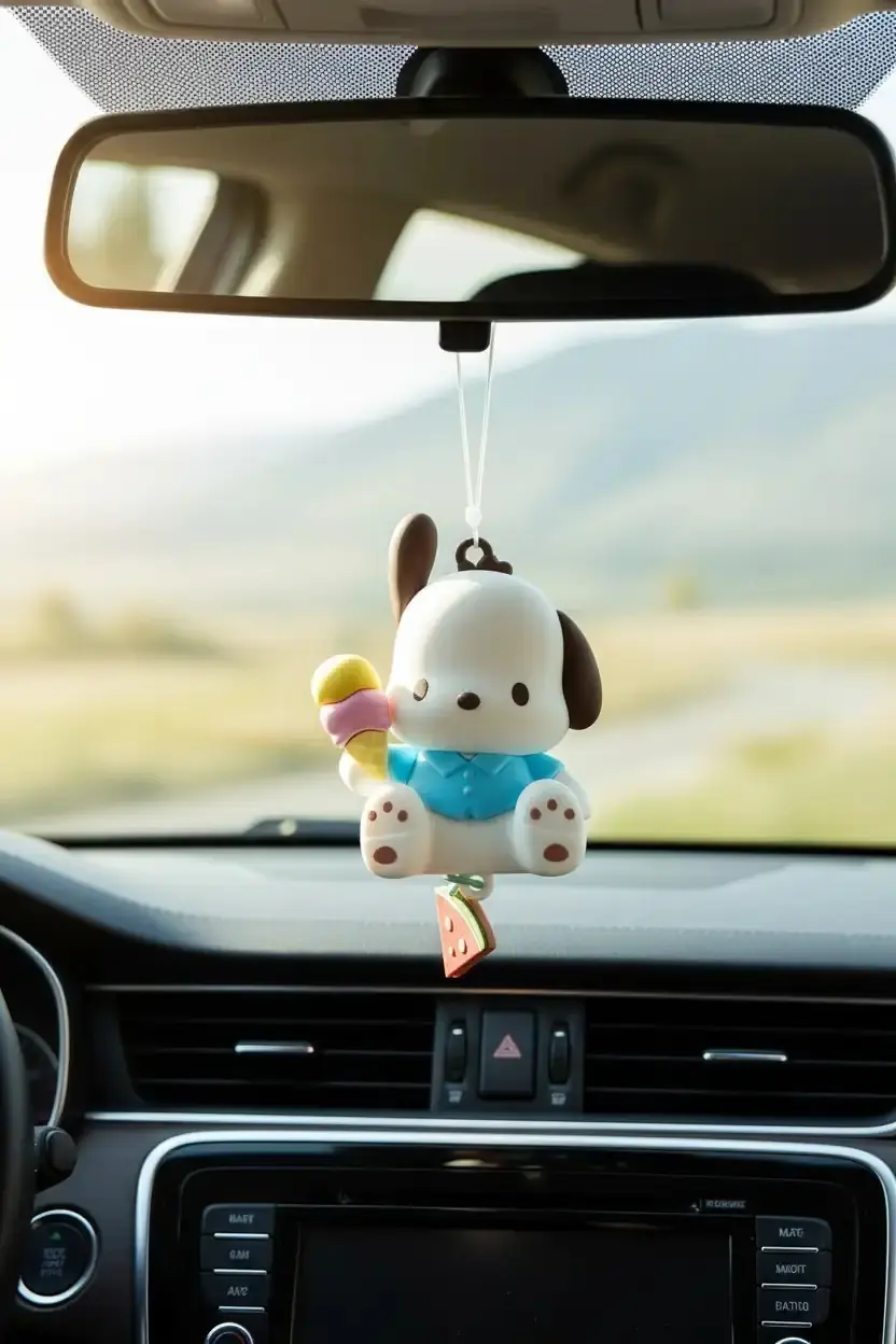 Sanrio Lisanslı Yaz Serisi Pochacco Karakterli Dikiz Aynası Araba Süsü ve Dekoratif Araç Aksesuarı