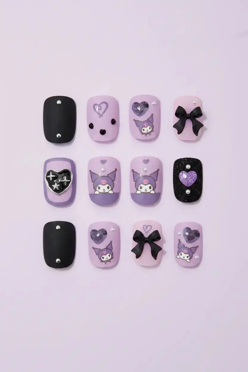 Sanrio Lisanslı Kuromi Jel Yapışkanlı Takma Tırnak – Siyah ve Mor Şık Tasarım Model 06