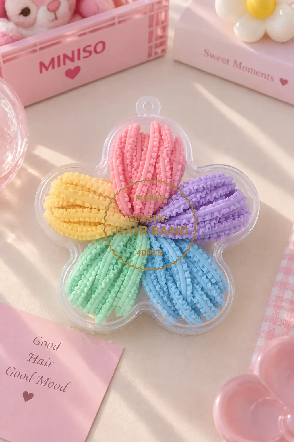 Miniso Lisanslı Çiçek Figürü Kutulu Saç Lastiği Seti – 40 Adet Pastel Tonlarda Dayanıklı ve Esnek Lastik Seti