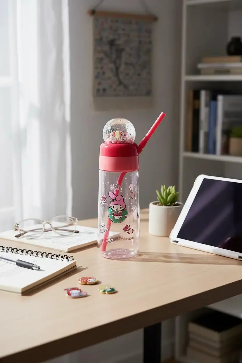 Sanrio Lisanslı My Melody Yılbaşı Koleksiyonu Pipetli ve Kristal Küreli Şişe – Eğlenceli Pembe Matara