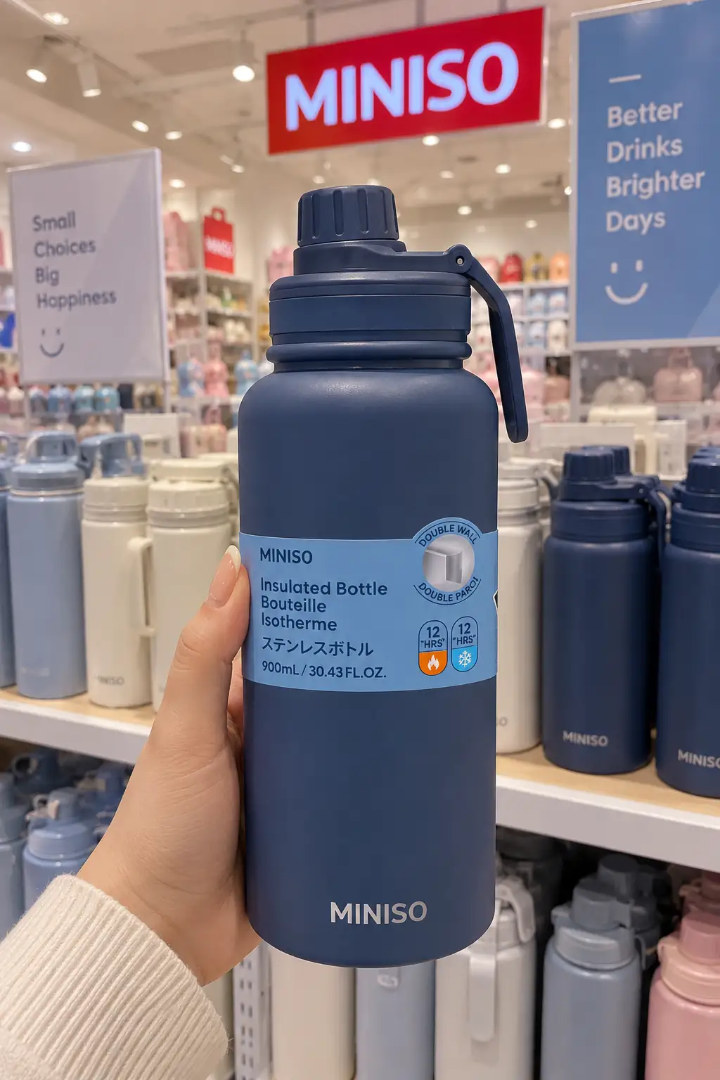 Miniso Lisanslı DIY Serisi Isı Yalıtımlı Matara 900 mL – Koyu Mavi Paslanmaz Çelik