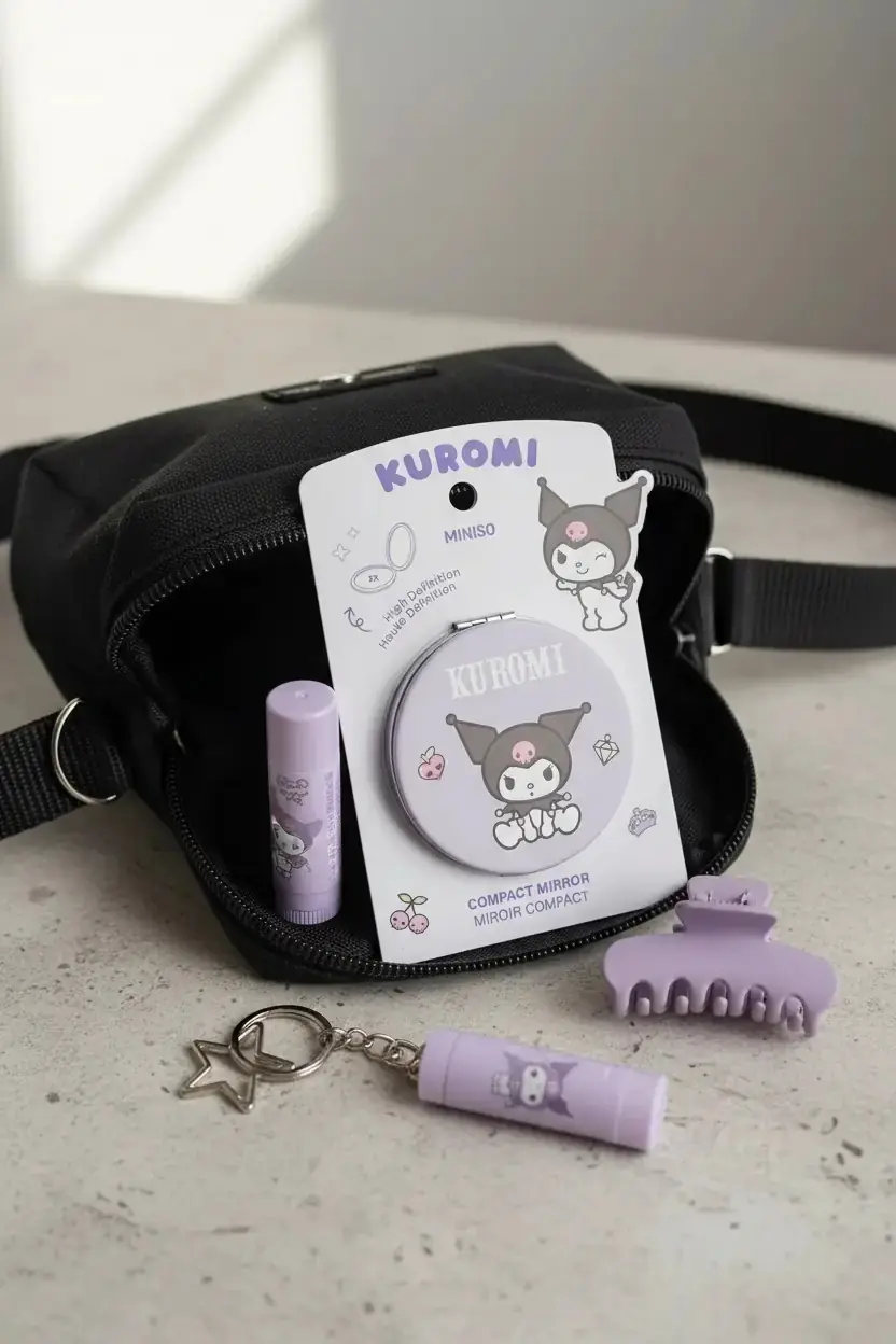 Sanrio Lisanslı Kuromi Çift Taraflı Katlanabilir Cep Aynası – Yuvarlak Tasarım