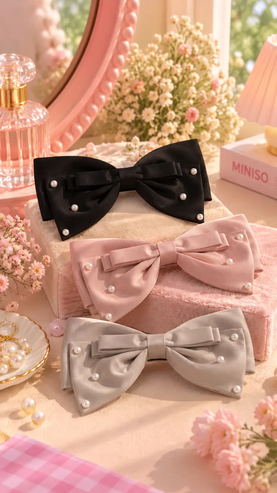 Miniso Lisanslı Boncuklu Fiyonklu Saç Tokası – İnci Detaylı Metal Klipsli Şık Saç Aksesuarı 12 Cm