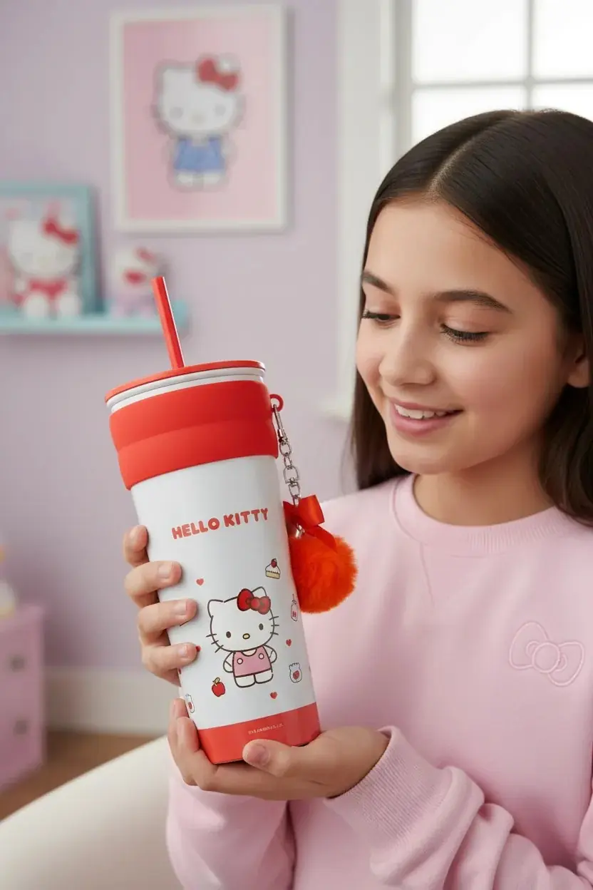 Sanrio Lisanslı Hello Kitty Matara 21 Cm – Pipetli Paslanmaz Çelik Charm Detaylı