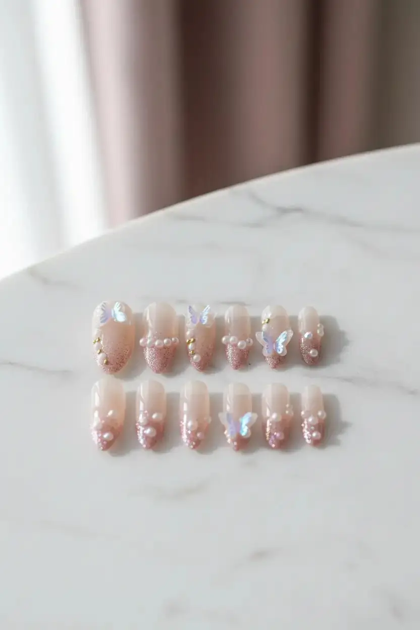 Gold Beauty Kelebek Figürlü ve Taşlı Takma Tırnak Seti – 24 Adet