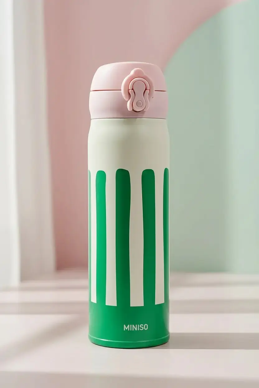 Miniso Lisanslı Çizgili Yalıtımlı Şişe 450 mL – Kapaklı Çelik Tasarım