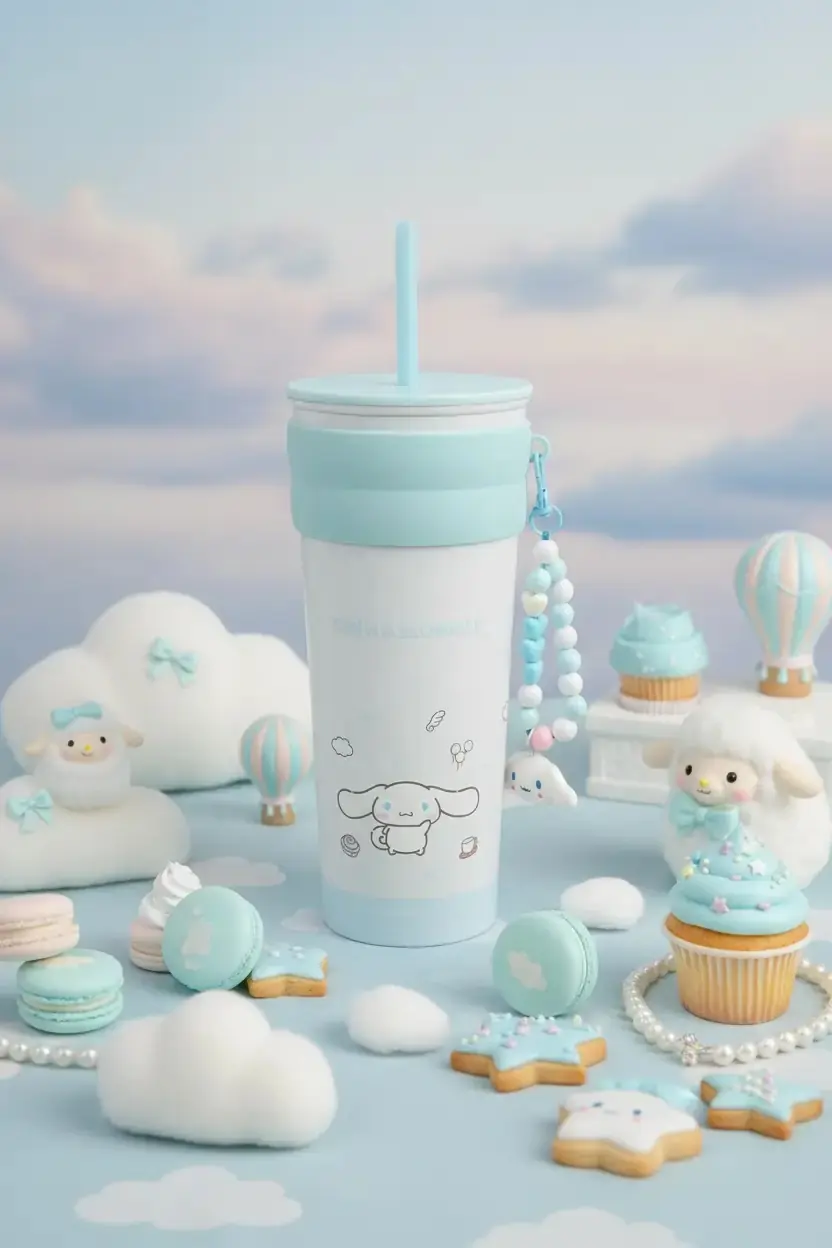 Sanrio Lisanslı Cinnamoroll Askılı ve Pipetli 304 Kalite Paslanmaz Çelik Matara – Sızdırmaz Kapaklı Çocuk ve Yetişkin Okul Matarası 800 ML