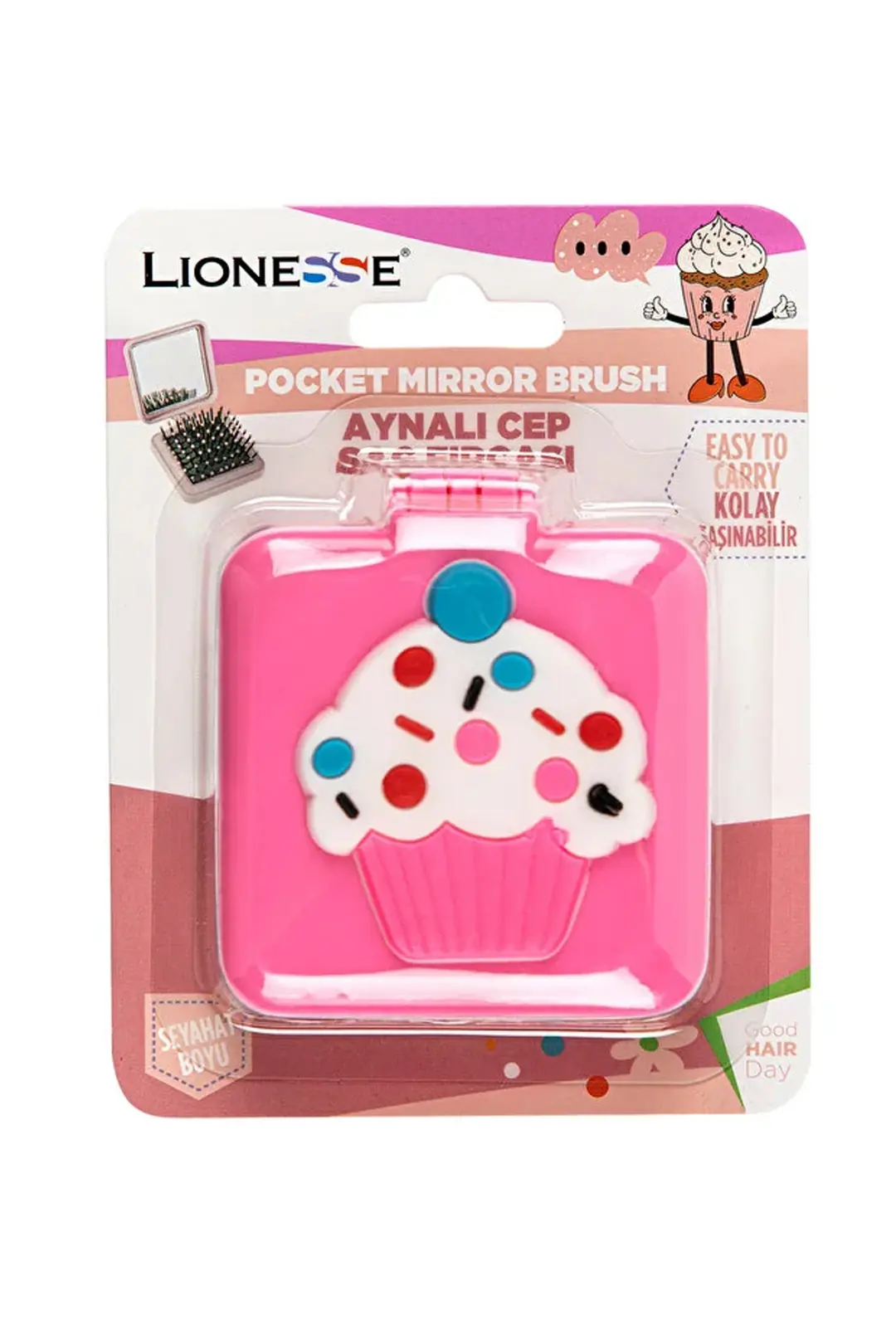 Aynalı Seyahat Saç Fırçası – Cupcake Figürlü Katlanabilir Tarak