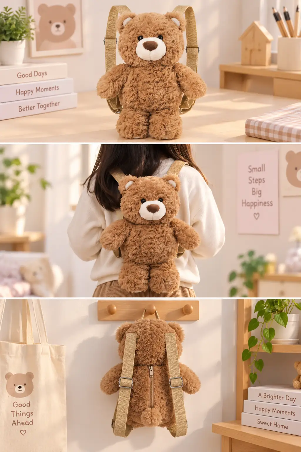 Miniso Lisanslı Hediye Ayı Peluş Sırt Çantası Kahverengi Ayarlanabilir Askılı Çocuk Çantası