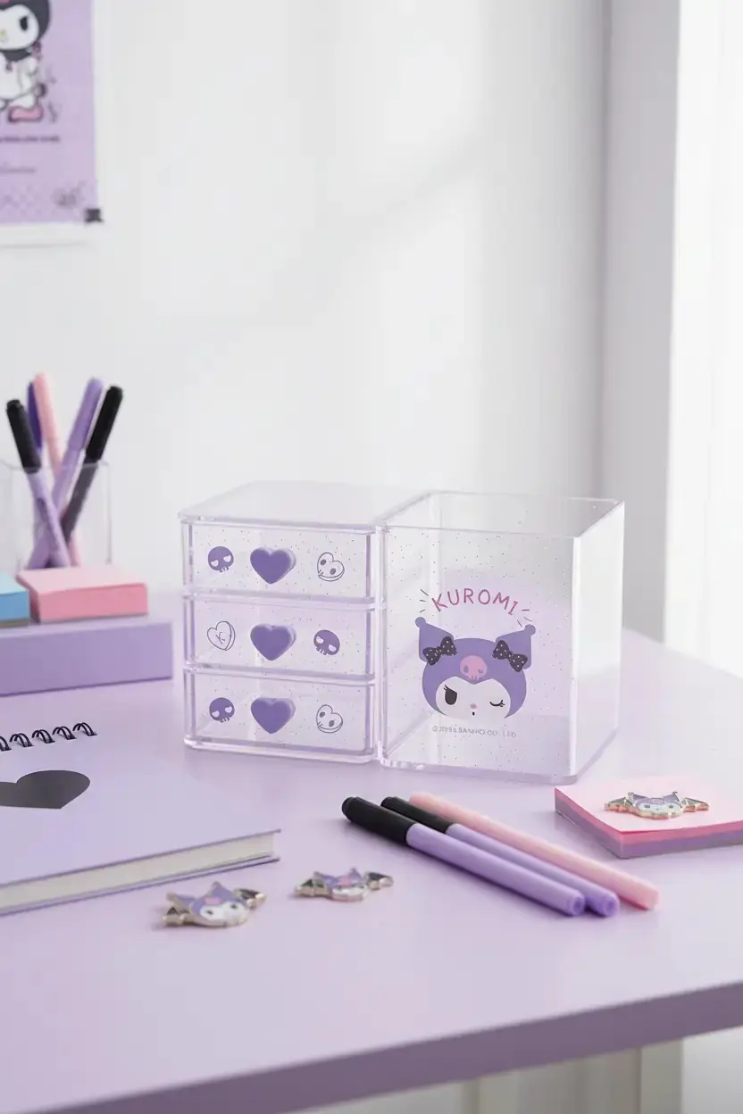 Sanrio Lisanslı Kuromi Mini 3 Katmanlı Masa Düzenleyici – Şeffaf Gövdeli Organizer 13.5 Cm