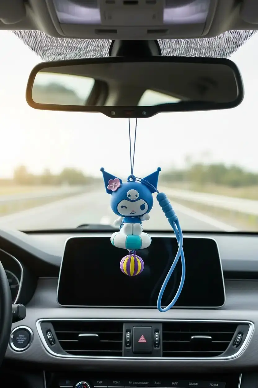 Sanrio Lisanslı Yaz Serisi Kuromi Karakterli Dikiz Aynası Araba Süsü ve Dekoratif Araç Aksesuarı