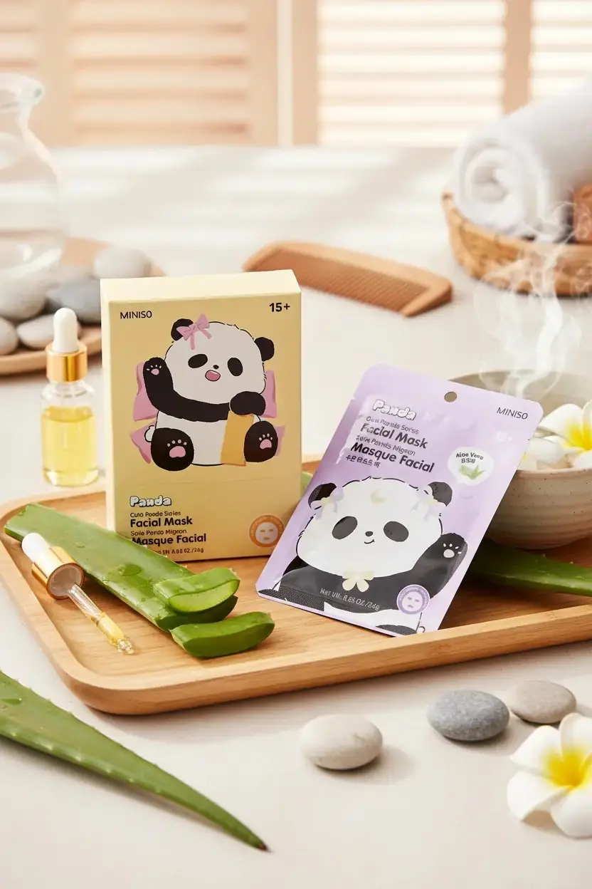 Miniso Lisanslı Sevimli Panda Serisi Yüz Maskesi – Ferahlatıcı Aloe Vera Özlü 17 Cm