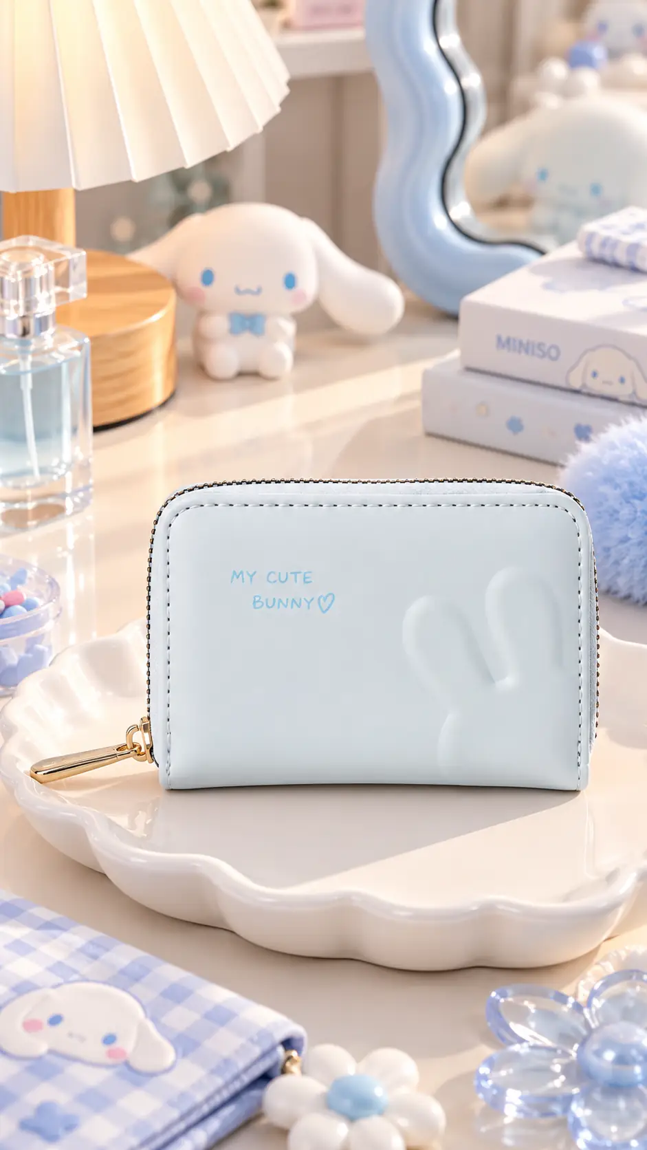 Miniso Lisanslı Tavşan Kulaklı Fermuarlı Bozuk Para Cüzdanı – Mavi Mini Boy