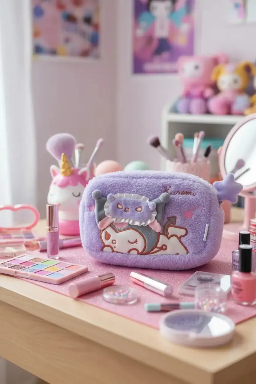 Sanrio Lisanslı Kuromi Peluş Kozmetik Çantası Yumuşak Dokulu Mor 21 Cm