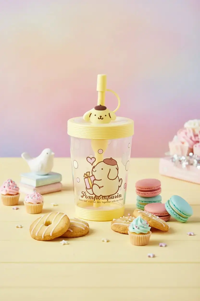 Sanrio Lisanslı Pompompurin Pipetli Plastik Şişe – Dayanıklı ve Şık Sarı Matara 535 Ml