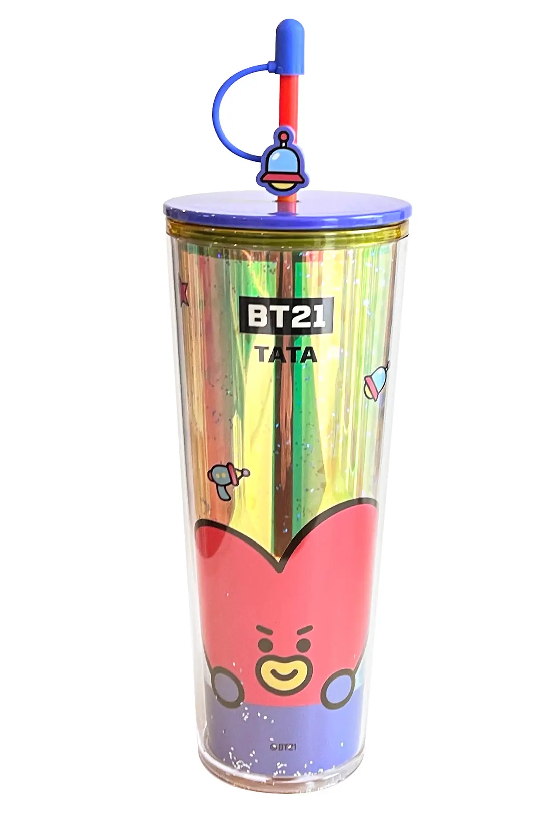 BT21 Lisanslı Tata Çift Cidarlı Pipetli Şişe – Holografik Tasarım Soğuk İçecek Matarası 800 Ml