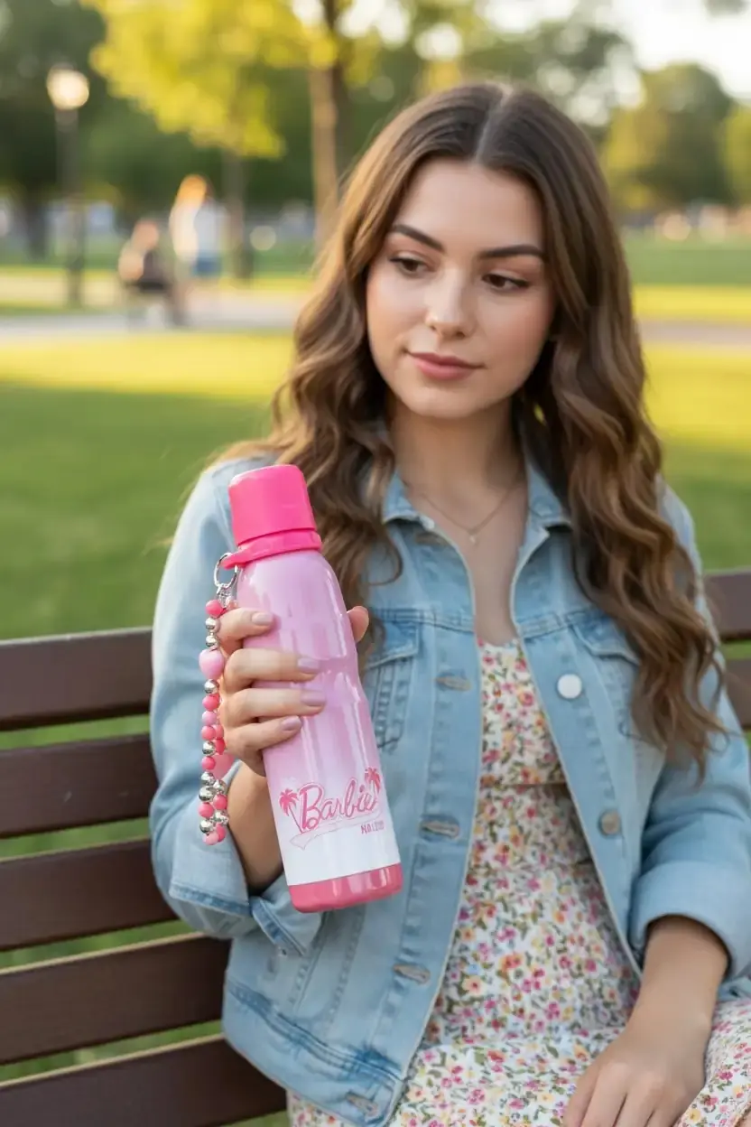 Barbie Lisanslı 304 Paslanmaz Çelik Termos – Boncuklu Zincir Süslemeli ve Pipetli İkonik Pembe Sızdırmaz Termos 600 ML