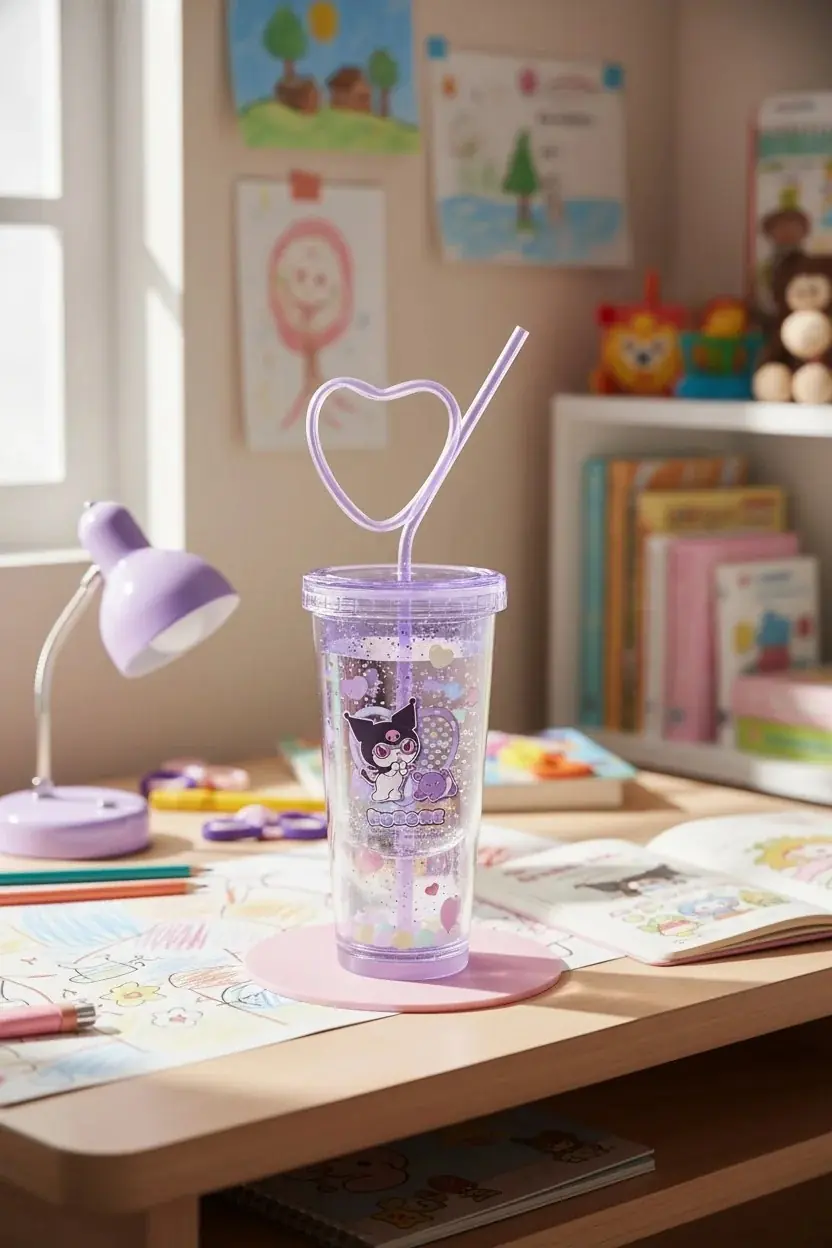 Sanrio Lisanslı Kuromi Tatlı Fabrikası Serisi Kalp Pipetli Çift Duvarlı Plastik Şişe 440 ml