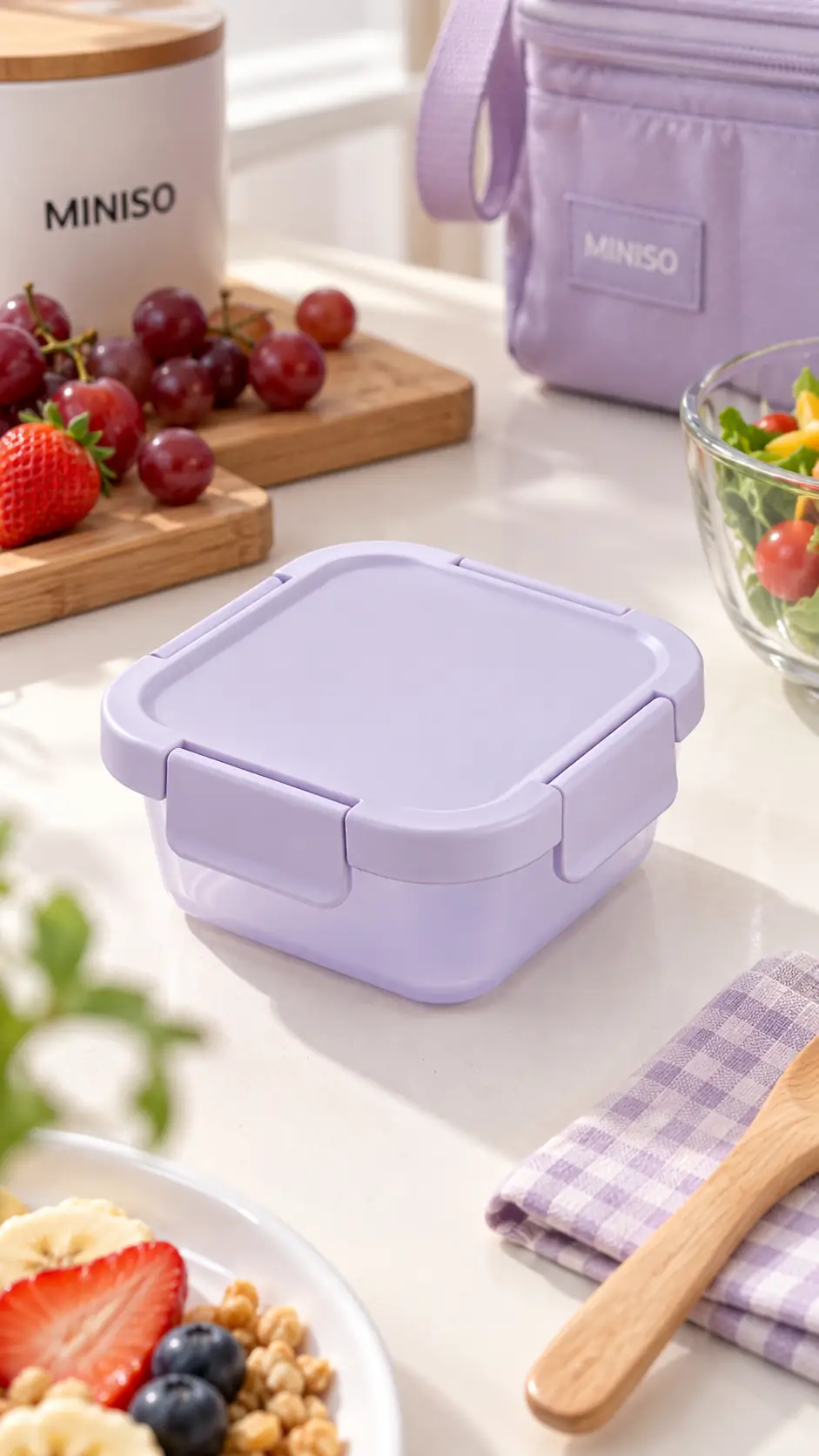 Miniso Lisanslı Macaron Serisi Gıda Kabı 350 mL Mor – Kilitli Kapaklı Kompakt Tasarım