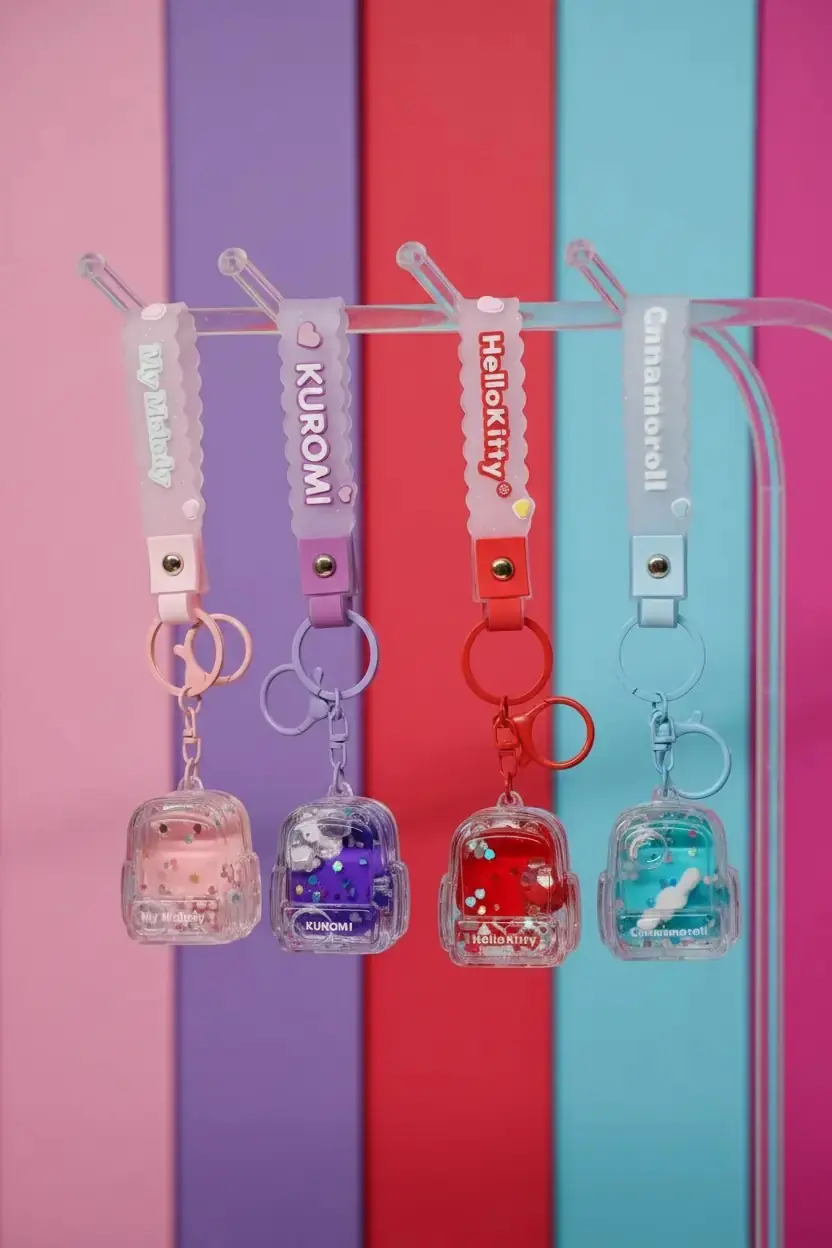 Sanrio Lisanslı Hello Kitty ve Arkadaşları Sıvı Dolgulu Çanta Anahtarlığı – Hareketli Figürlü Model