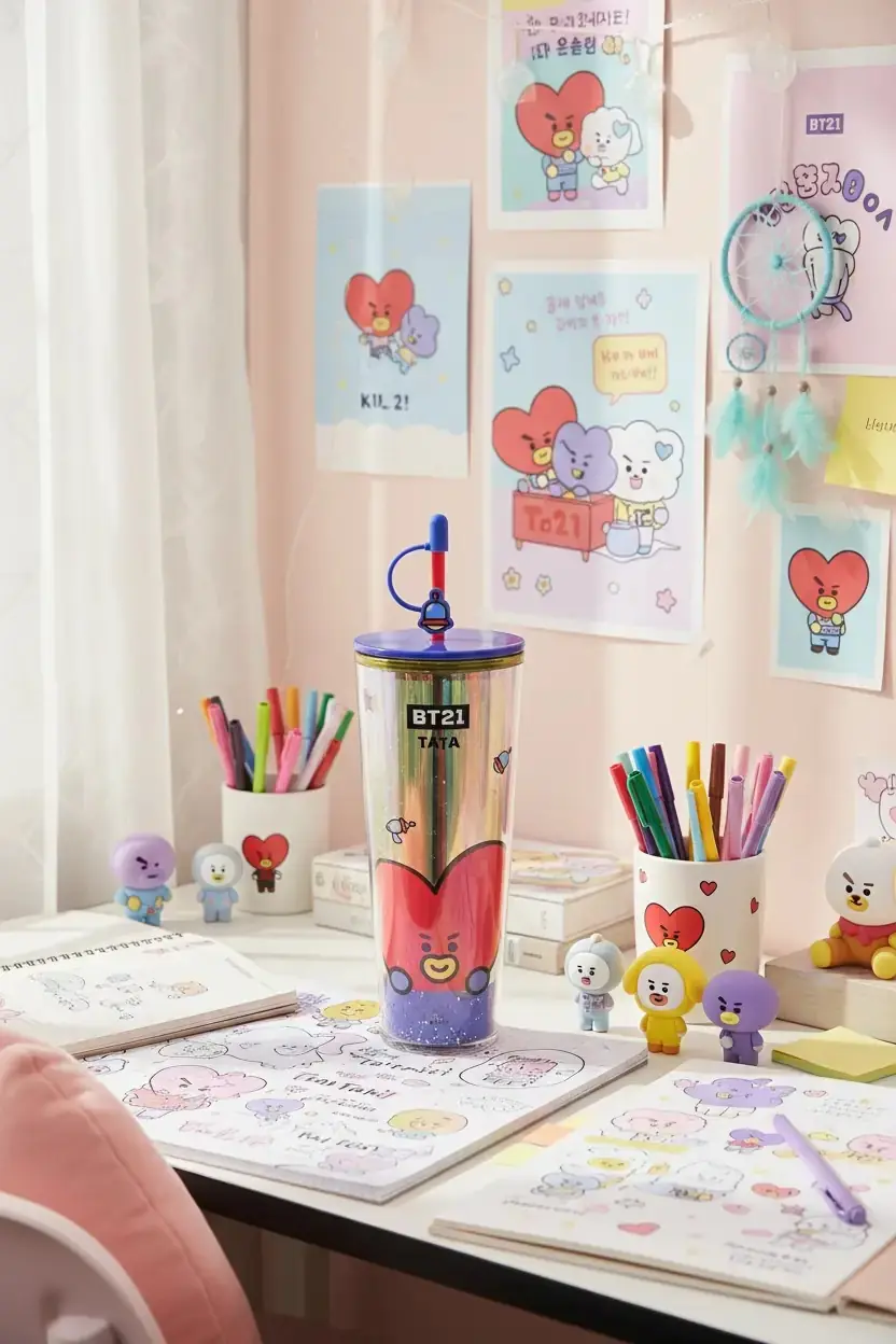 BT21 Lisanslı Tata Çift Cidarlı Pipetli Şişe – Holografik Tasarım Soğuk İçecek Matarası 800 Ml