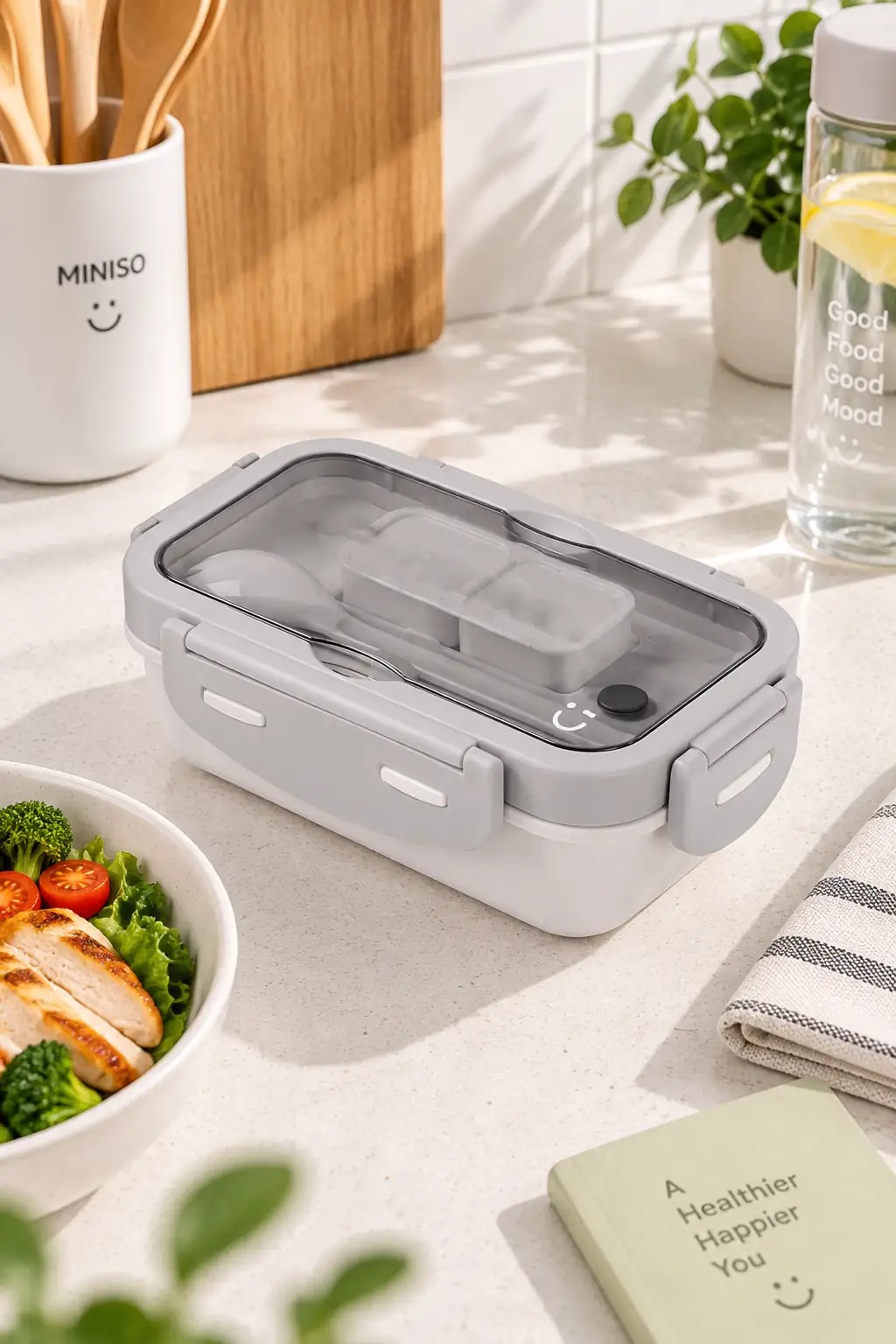 Miniso Lisanslı Simple Yemek Kabı Gri 880 Ml – Çatal Bıçaklı