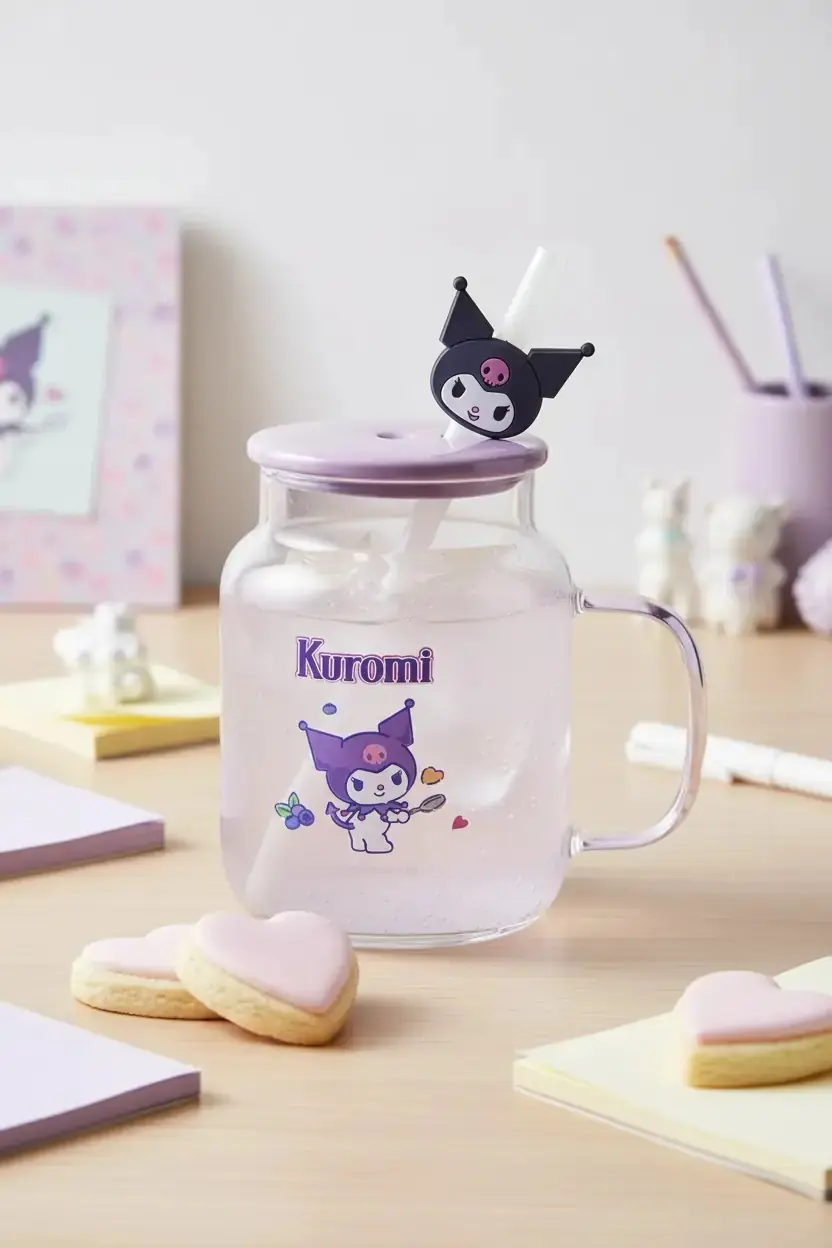 Sanrio Lisanslı Kuromi Kapaklı ve Pipetli Cam Şişe – Figürlü Tasarım Cam Kupa 450 Ml