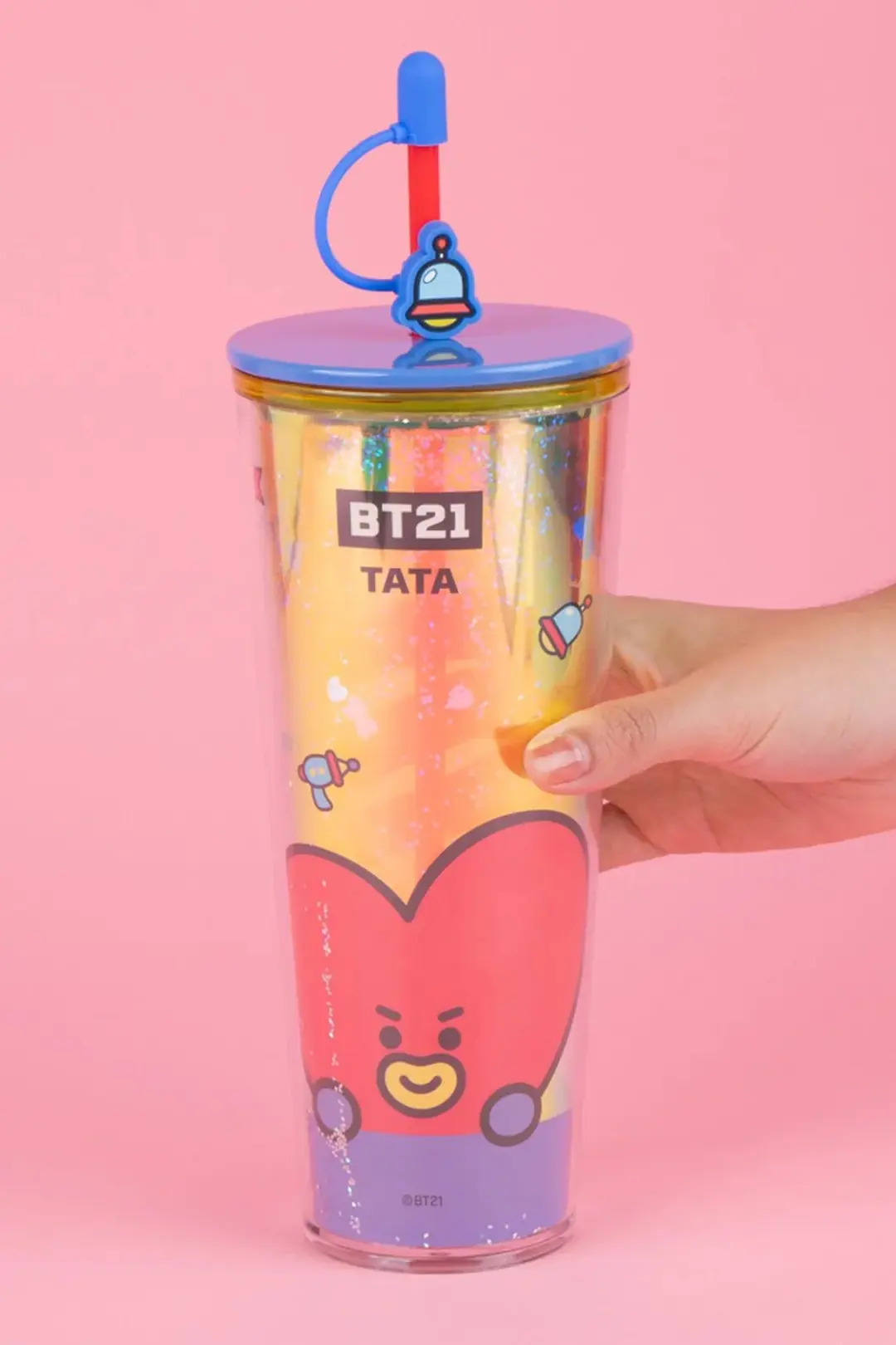 BT21 Lisanslı Tata Çift Cidarlı Pipetli Şişe – Holografik Tasarım Soğuk İçecek Matarası 800 Ml