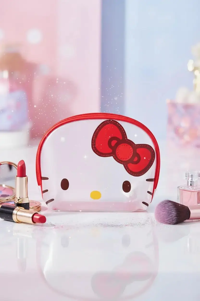 Sanrio Lisanslı Hello Kitty File Kabuklu Makyaj Çantası – Şeffaf Kozmetik Düzenleyici 20 Cm