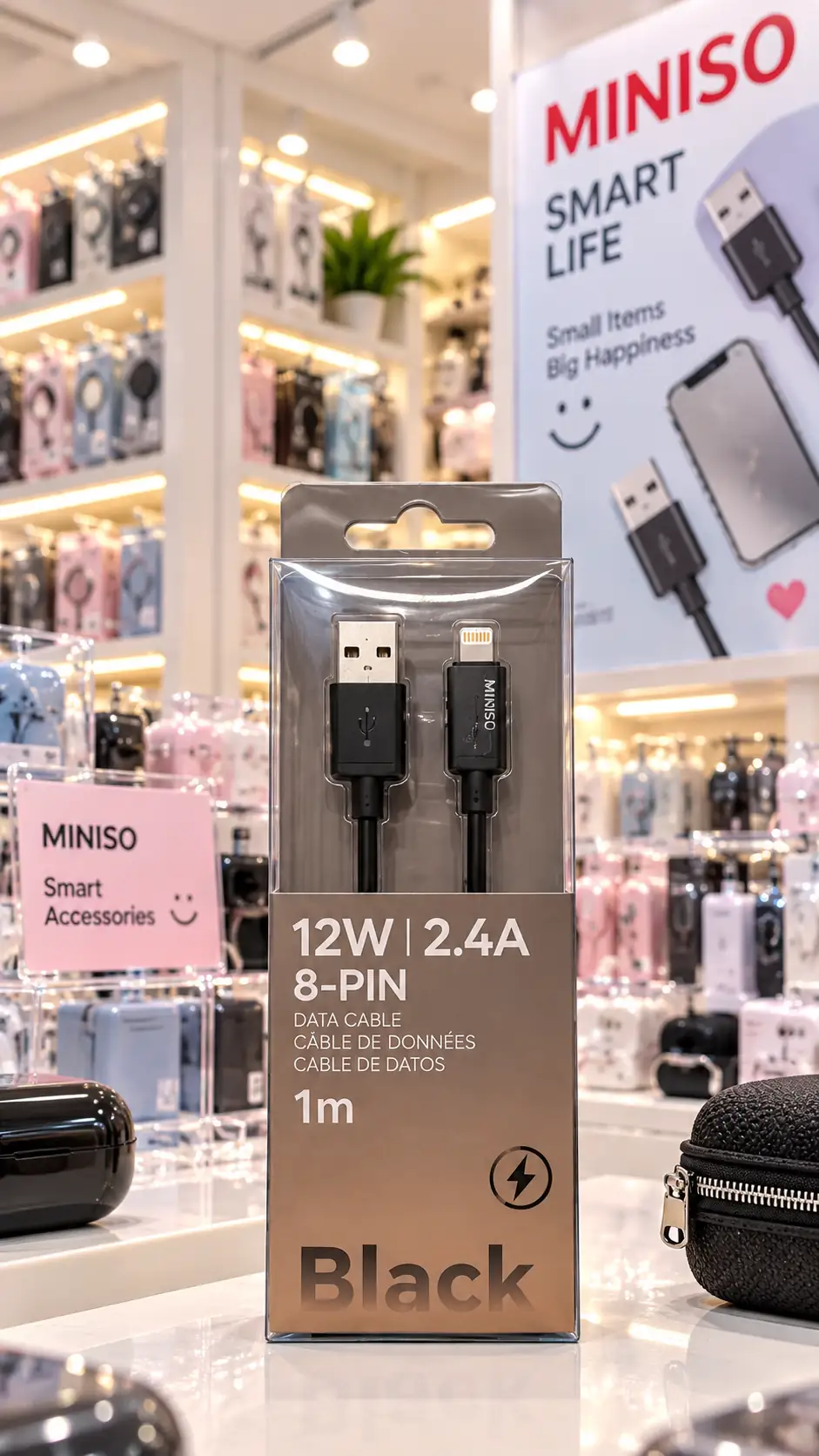 Miniso Lisanslı Macaron Serisi 8-PIN Hızlı Şarj Veri Kablosu – 2,4A Siyah