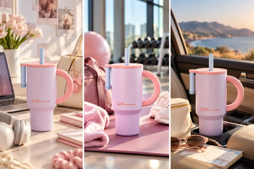 Miniso Lisanslı Pipetli Çift Cidarlı Çelik Şişe 920 mL Mor – Saplı Tasarım