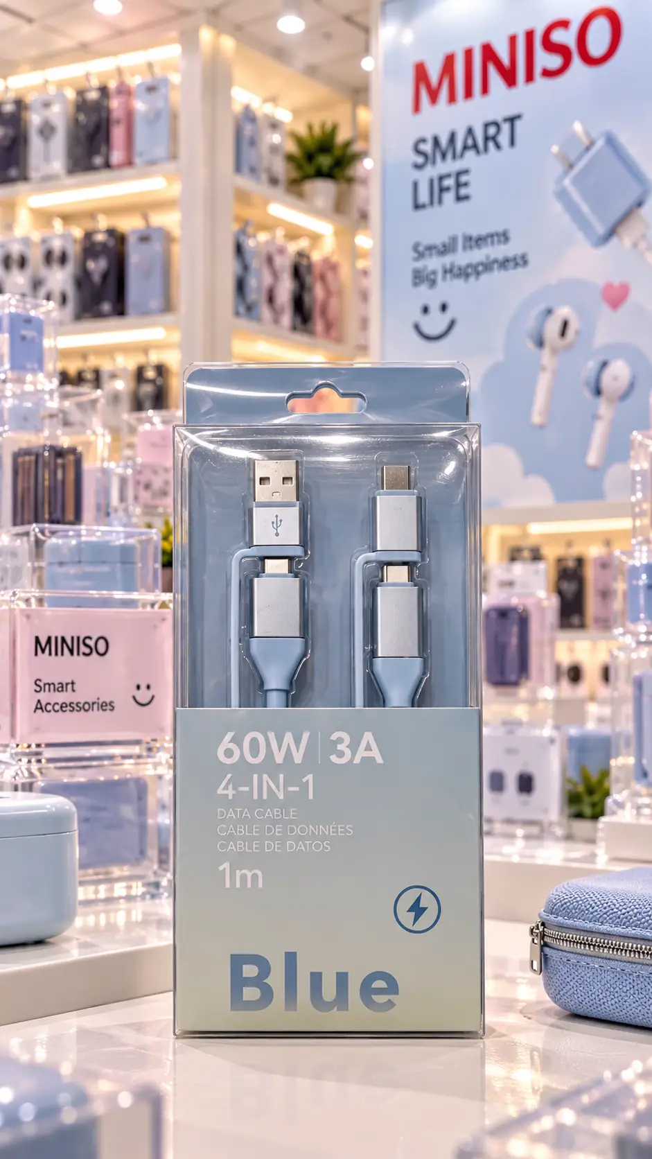 Miniso Lisanslı Macaron Serisi 4'ü 1 Arada Hızlı Şarj Veri Kablosu – 3A Mavi