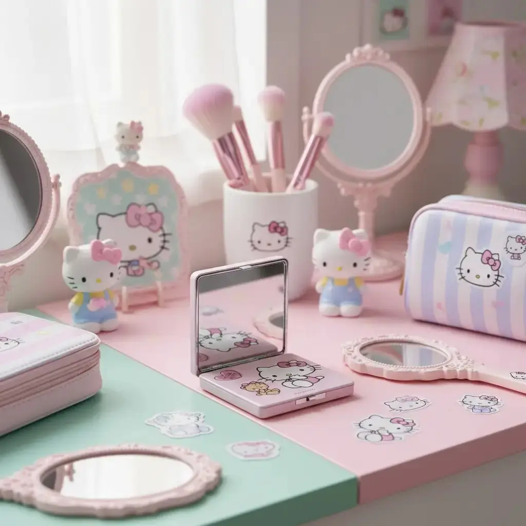 Sanrio Lisanslı Hello Kitty Çift Taraflı Katlanabilir Kompakt Makyaj Aynası