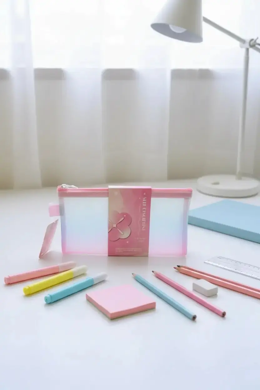 Miniso Lisanslı A6 Degrade Pembe Fileli Kırtasiye Çantası – Tek Katlı ve Kompakt