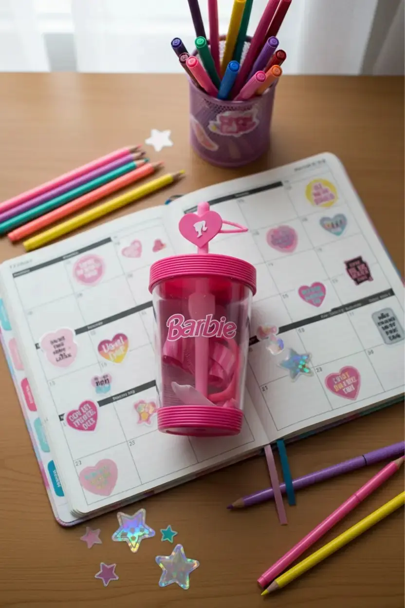 Barbie Lisanslı Askılı Plastik Şişe – Kalp Detaylı Pipetli Matara 535 Ml 19.5 Cm