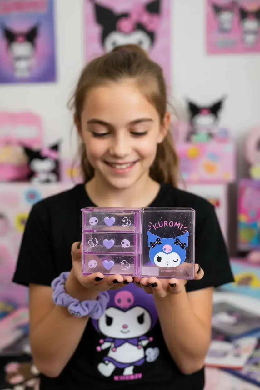 Sanrio Lisanslı Kuromi Mini 3 Katmanlı Masa Düzenleyici – Şeffaf Gövdeli Organizer 13.5 Cm